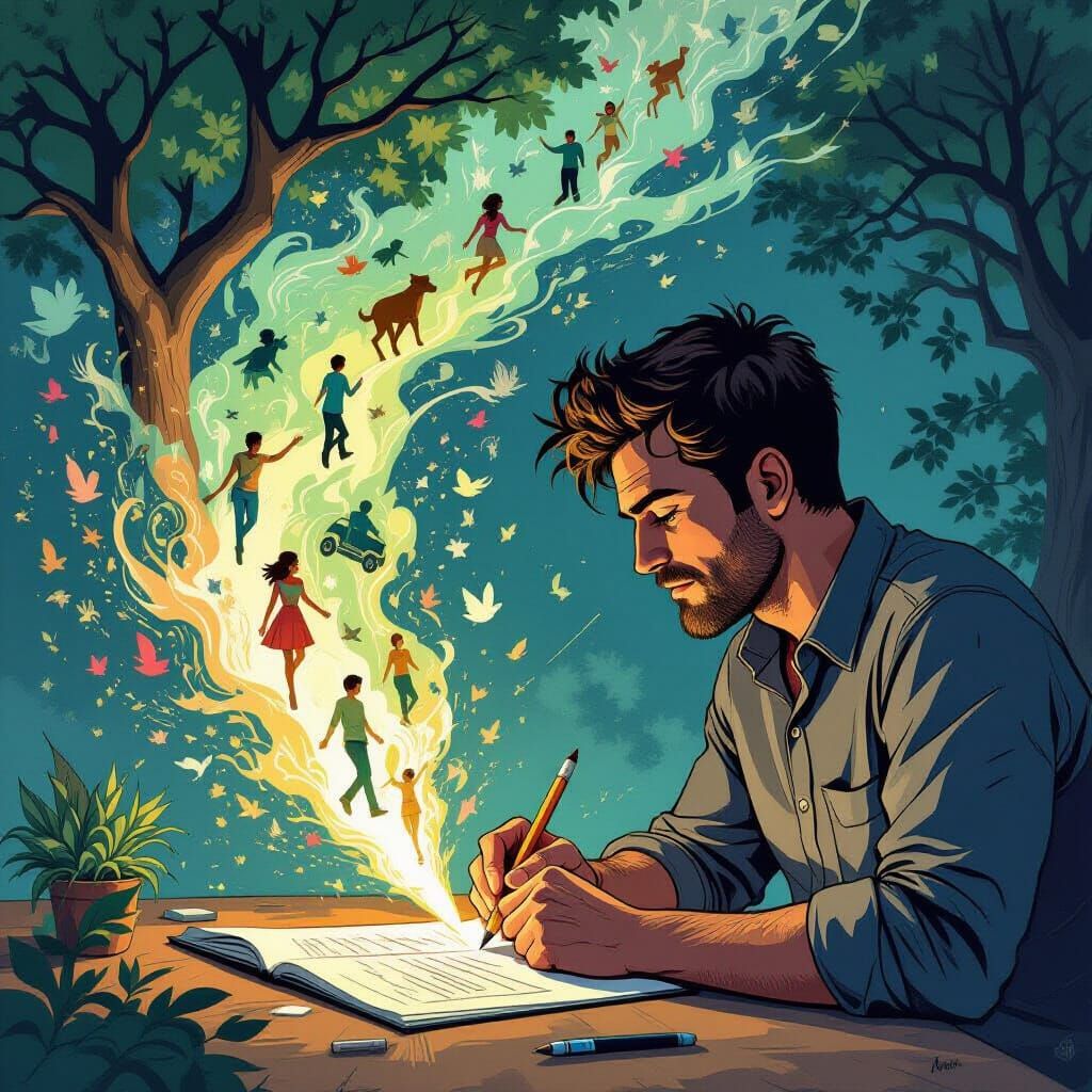 Man's Writing Creates Living World in Comic Style