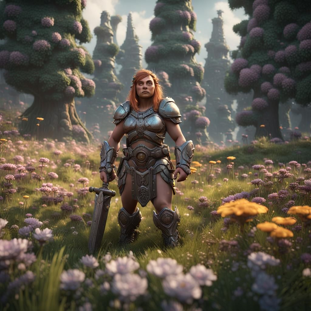 female dwarf barbarian in a loincloth, meadow, flowers, gian...