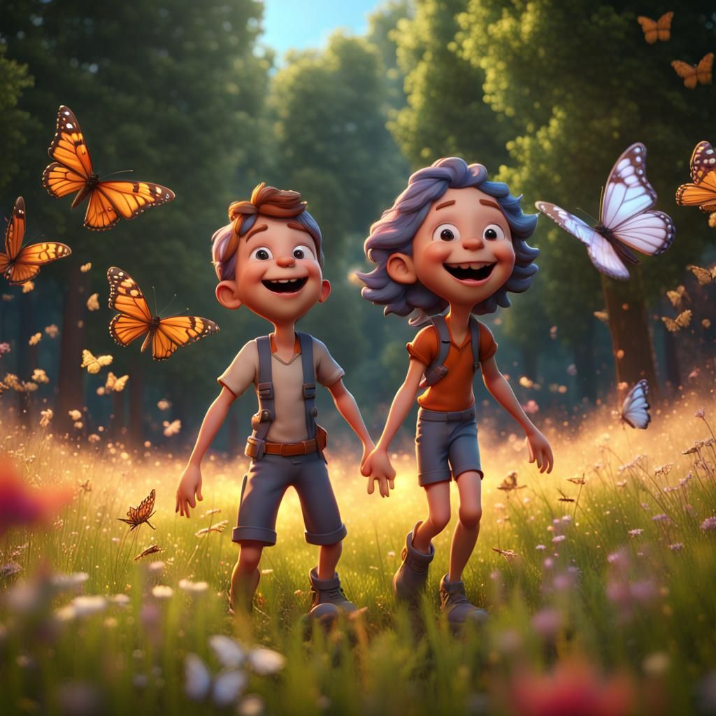 Children's Laughter in a Sunny Meadow: Pixar-style 3D Cartoo...