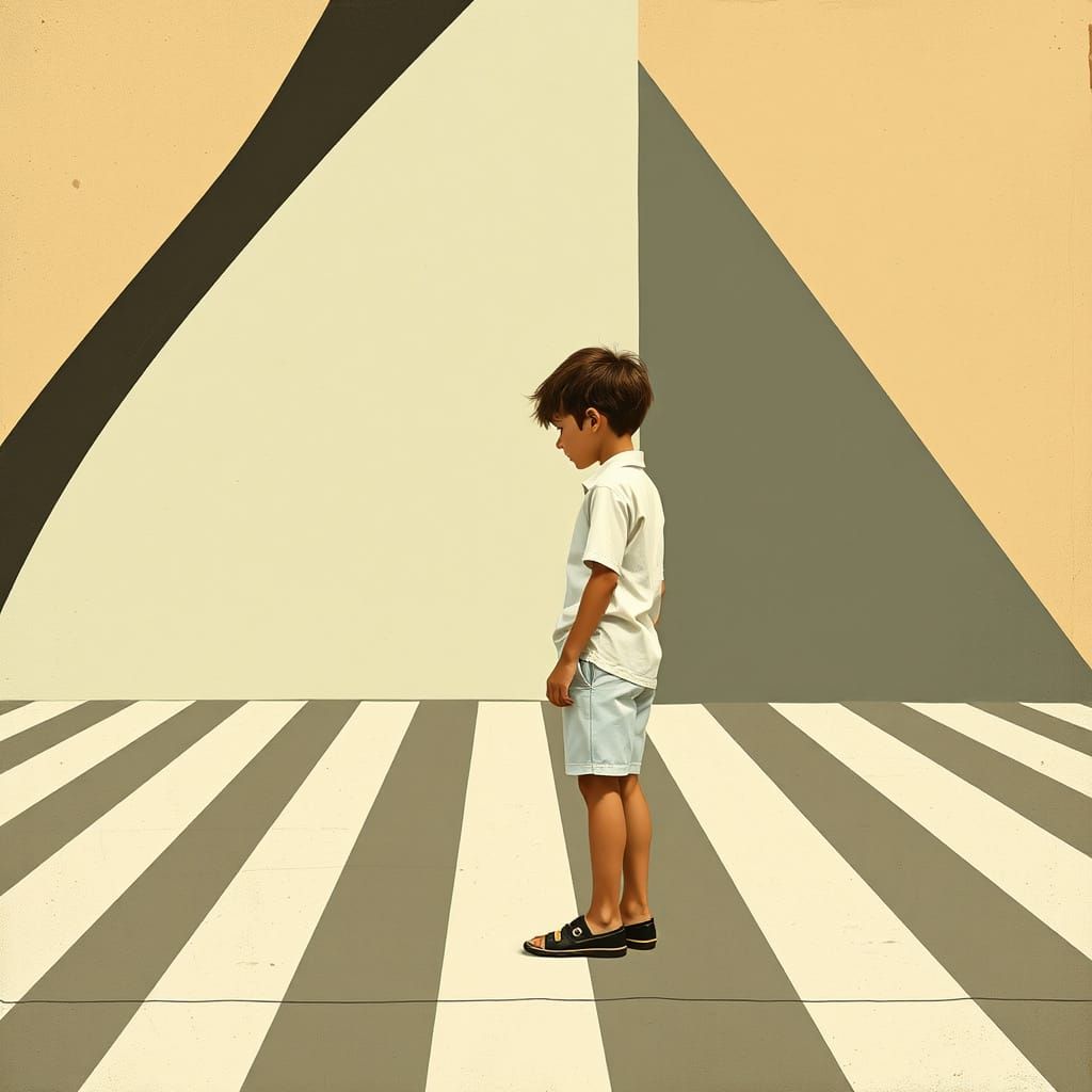 Boy Counts Sidewalk Stripes in Proto-Surrealist Style