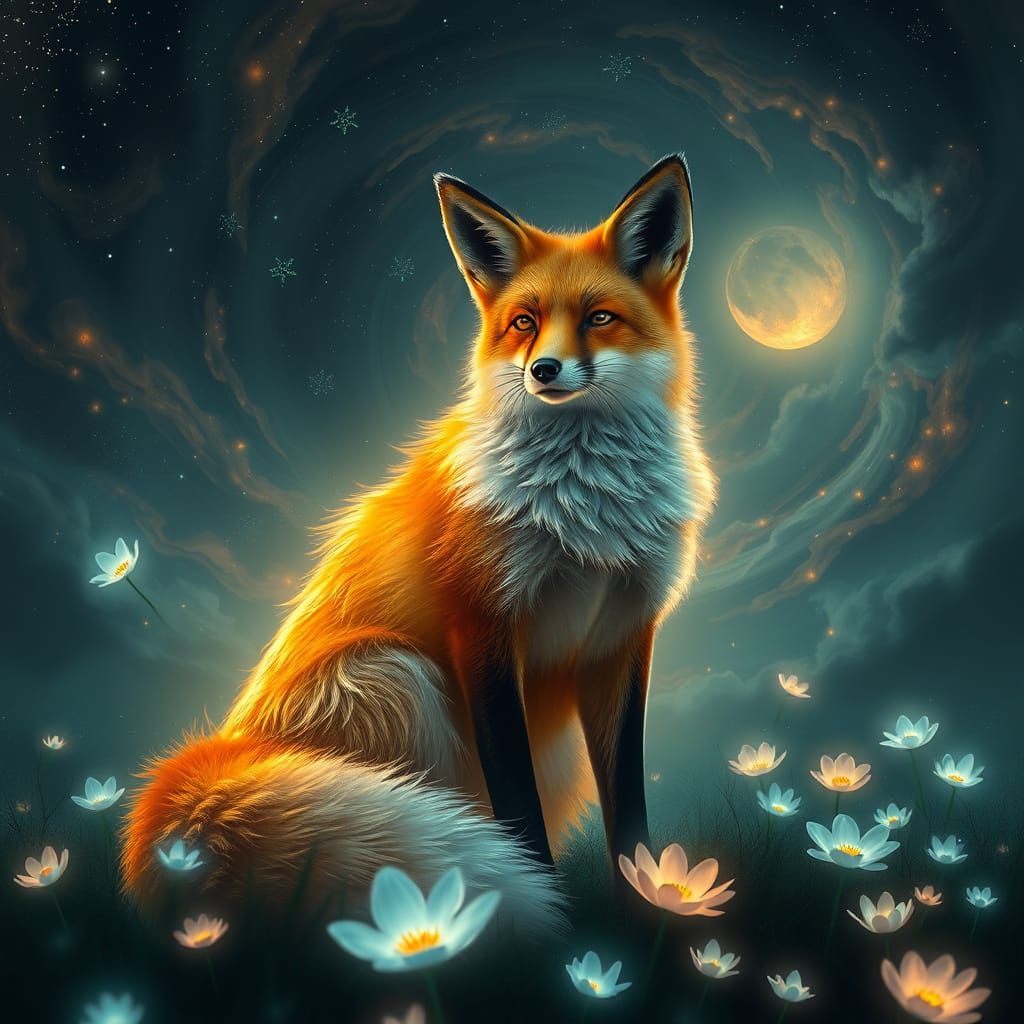 Luminous Guardian Fox in Star-Dusted Skies