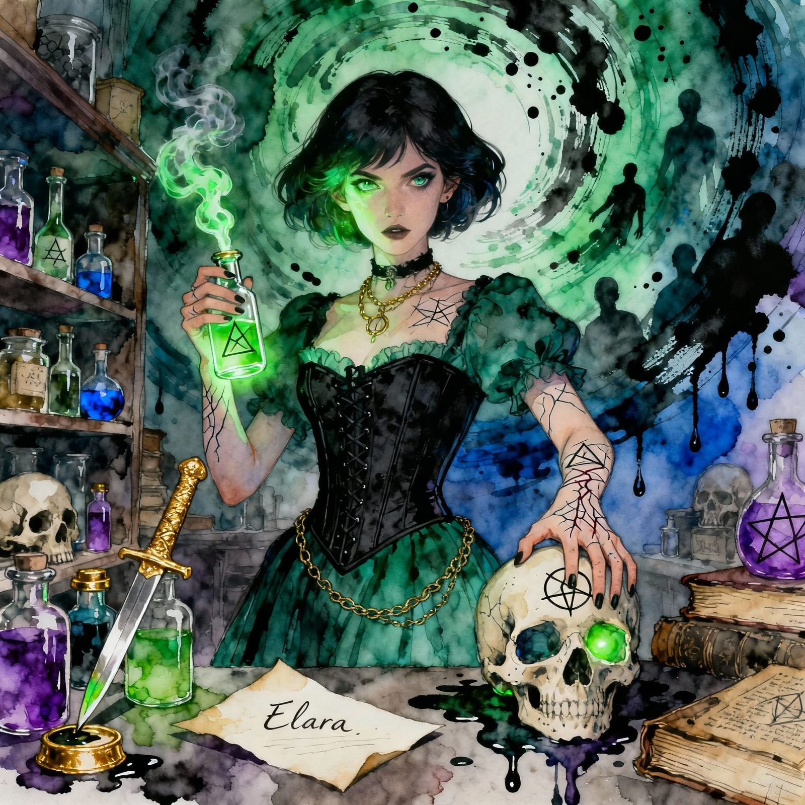 Seraphine the Alchemist: Poison Queen in Alcohol Ink Style