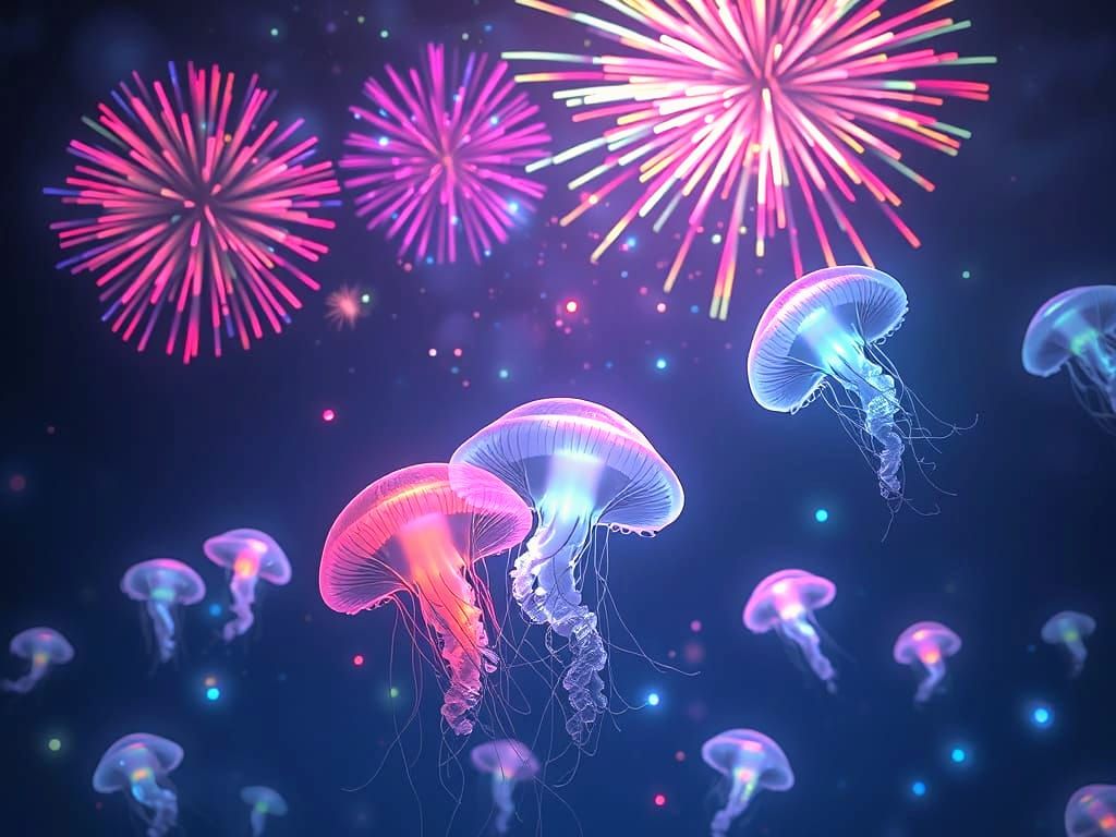Jellyfish Illuminated by Vibrant Fireworks in Night Sky