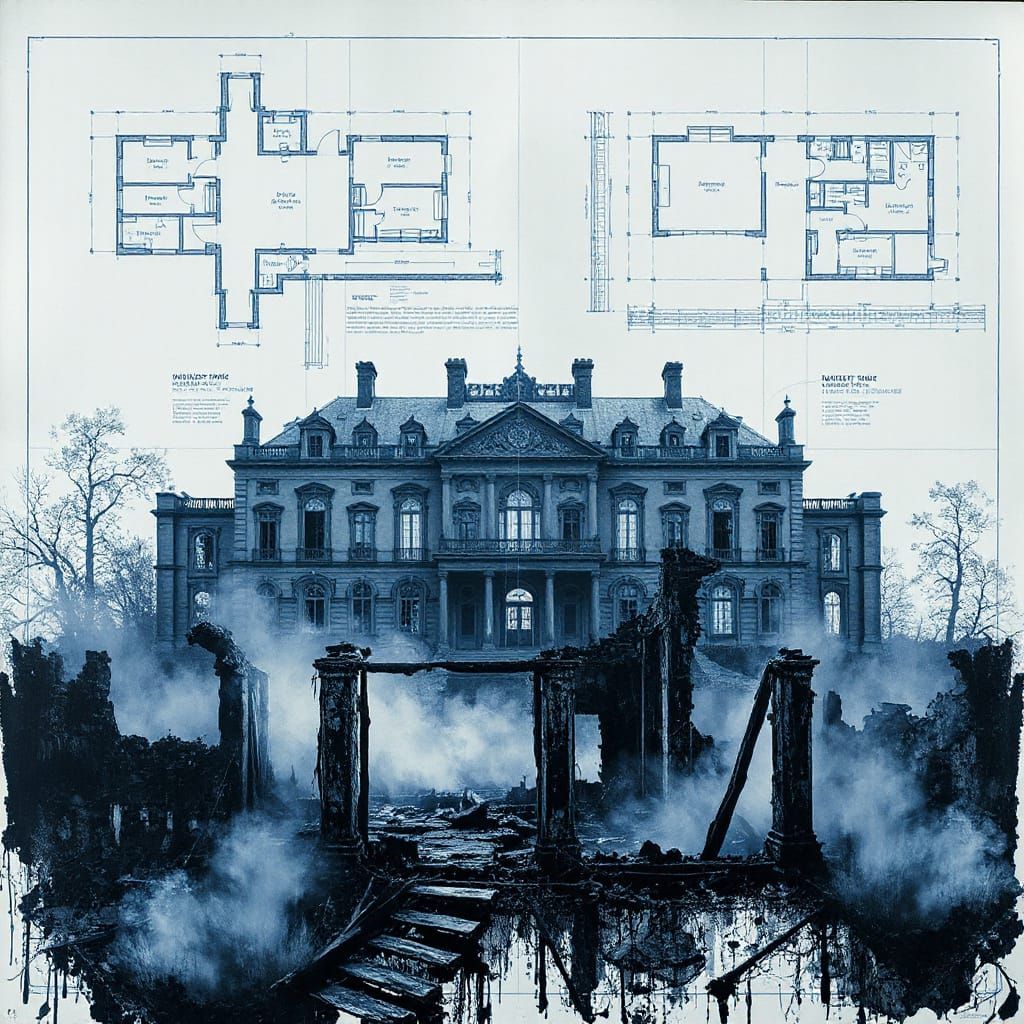 Blueprint Mansion Ruins in Indigo and Charcoal Mixed Media