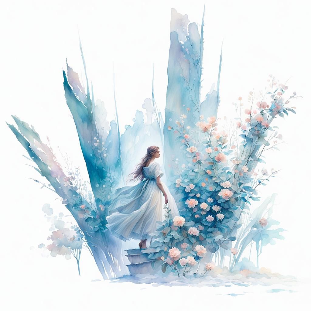 Dreamy Garden Girl in Soft Pastel Watercolor