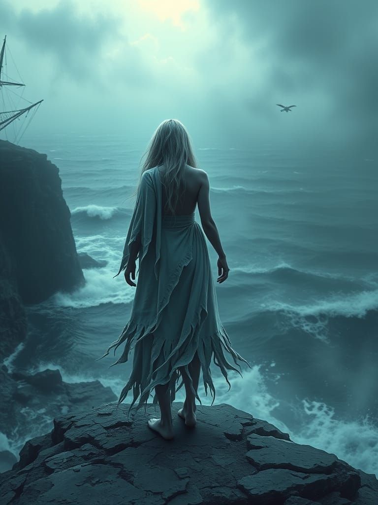 Ghostly Apparition on Cliff Edge Above Volatile Sea