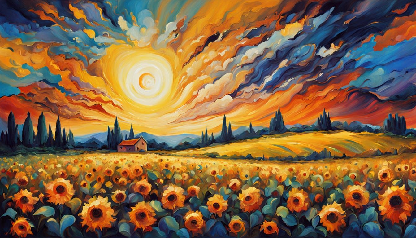 Ethereal Cosmic Village Amidst Sunflower Fields