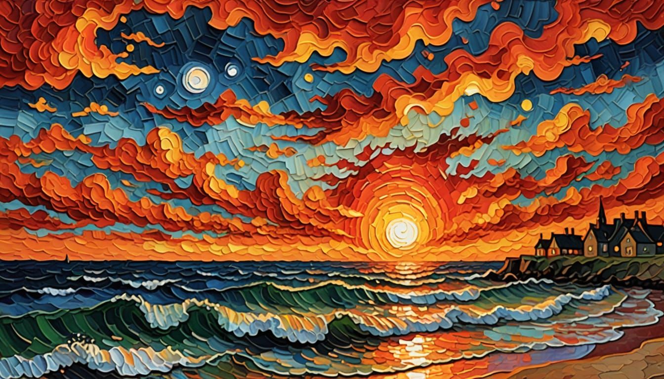 Fiery Sunset Over the North Sea as Impasto Painting