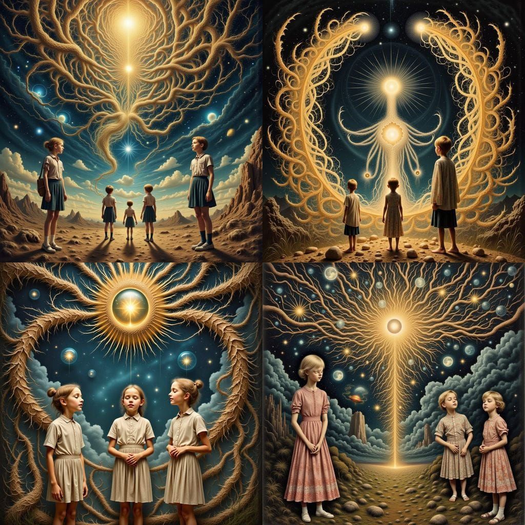 Children Receive Cosmic Wisdom in Surreal Collage