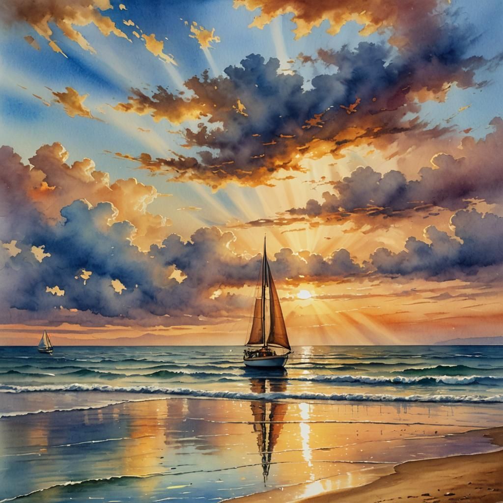 Watercolor Sunset Painting with Sailing Fish Boat