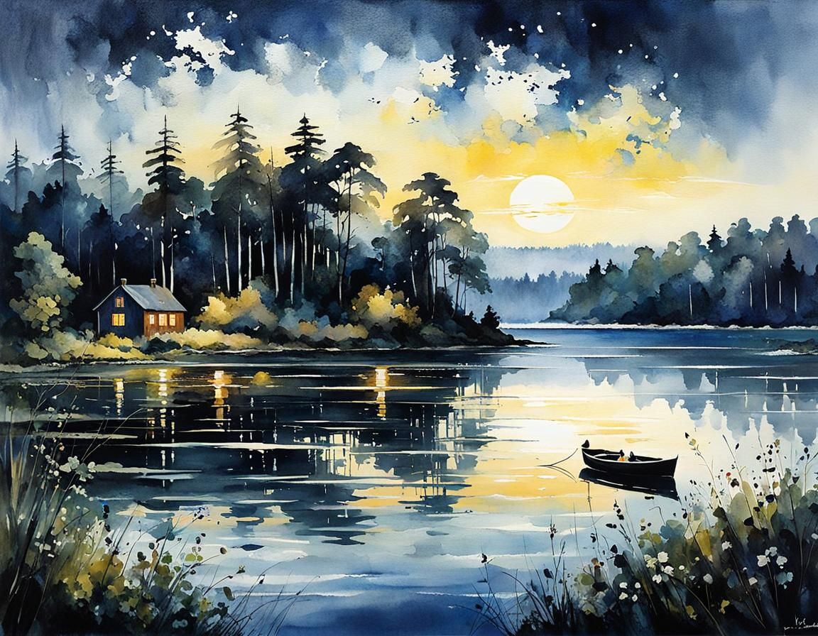 Swedish Lake Midsummer Night: Intricate Watercolor Landscape