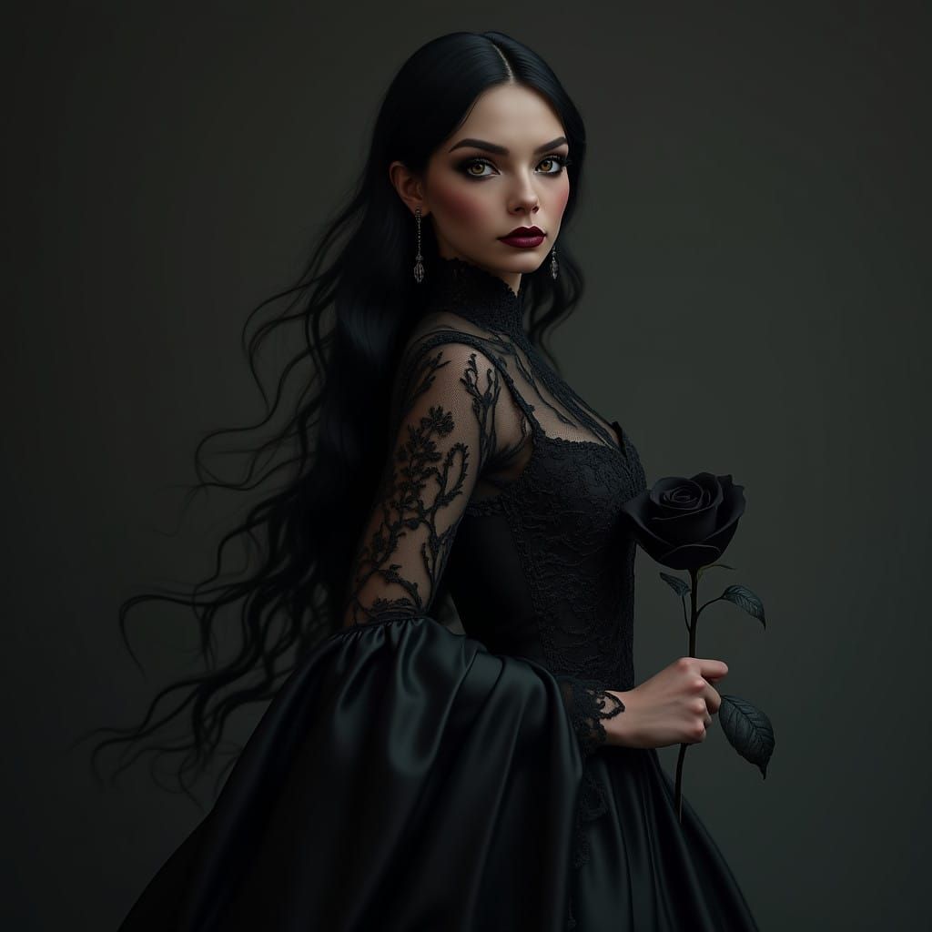 Gothic Woman in Black Lace Gown with Rose