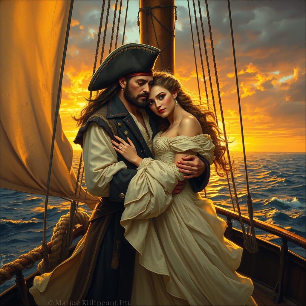 Pirate Captain Embraces Bride at Sunset
