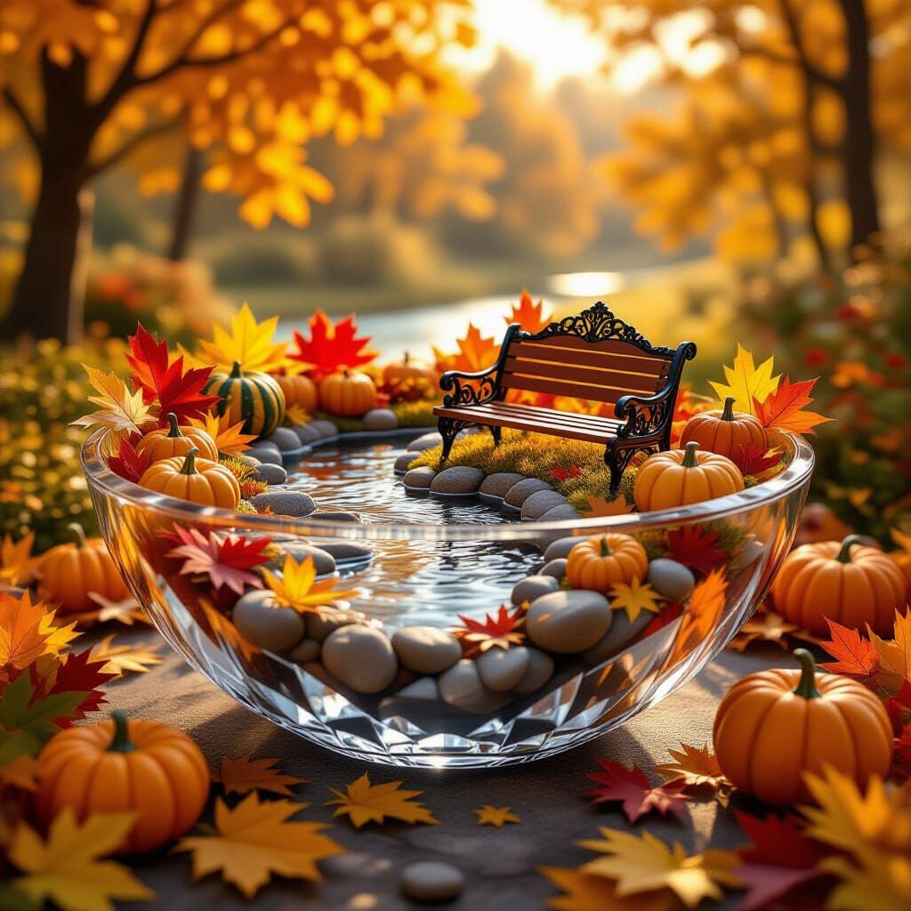 Autumn Scenery in Crystal Bowl, Realistic 3D Render