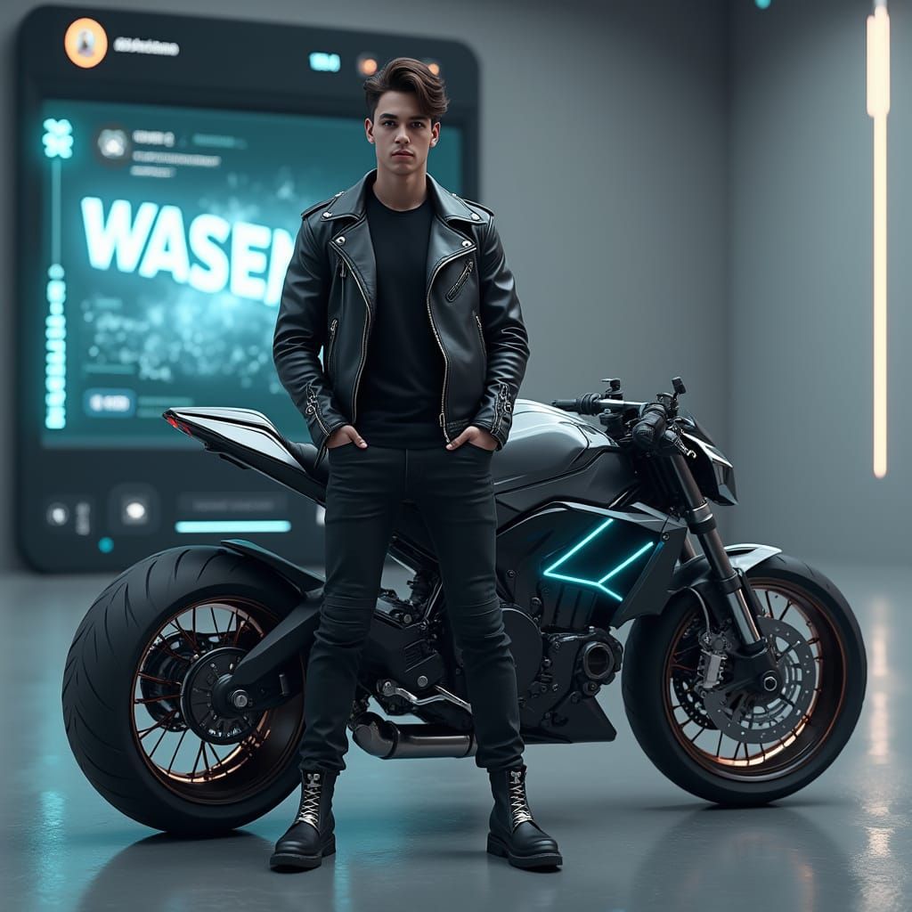 Youthful Futurist Enjoys High-Tech Ride in Cyberpunk Studio