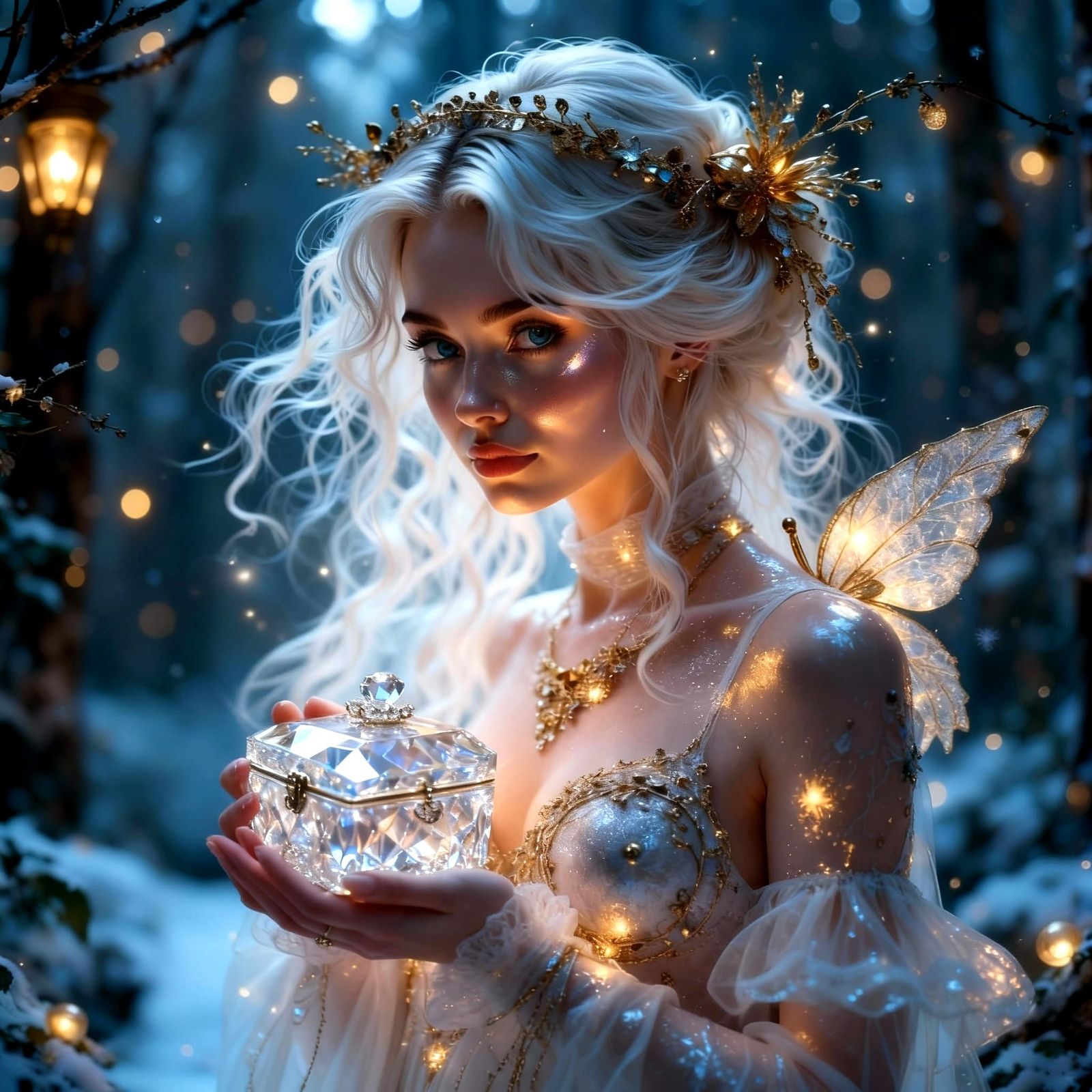 Winter Ice Queen with Aurora Borealis and Christmas Tree