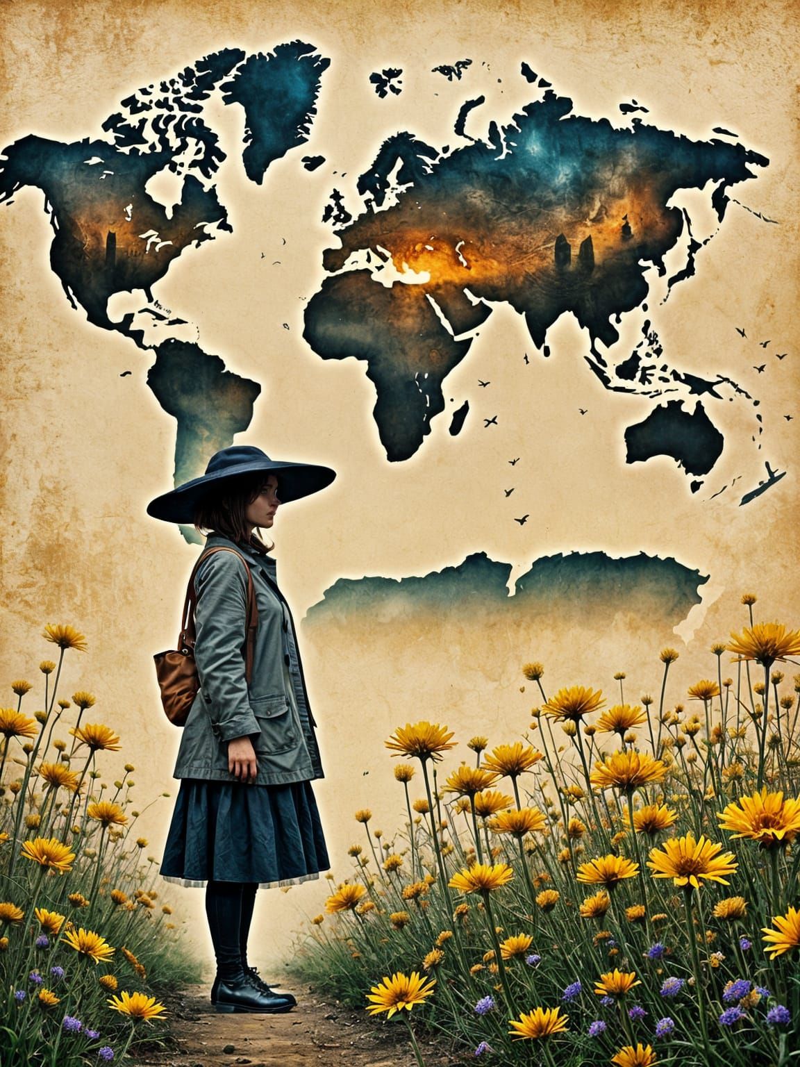 Woman and World Map Double Exposure Abstract Art