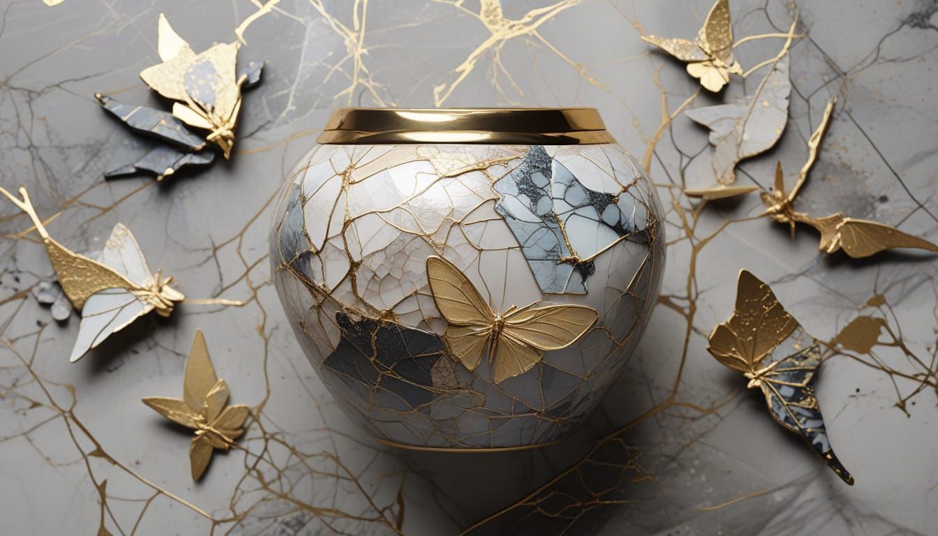 Kintsugi Ceramic Vase with Delicate Paper Moths in Soft Haze