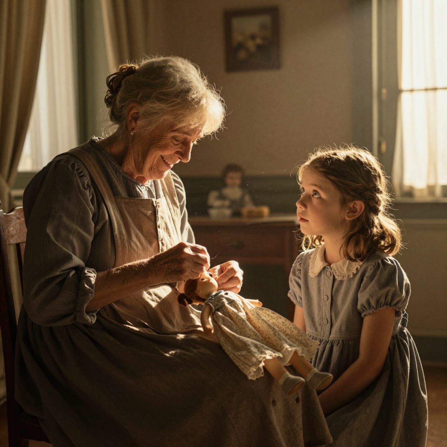 Elderly Seamstress Sewing for Child in Golden Hour Light