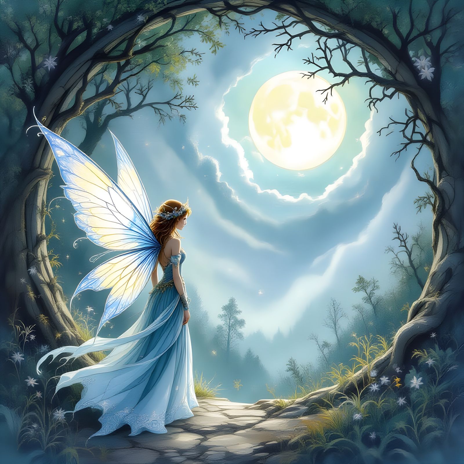 Faerie at Moonlight Portal in Watercolor Style