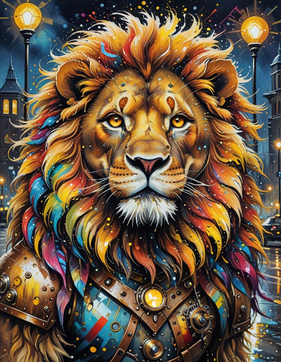 Steampunk Lion in Rainbow Dress Oil Painting