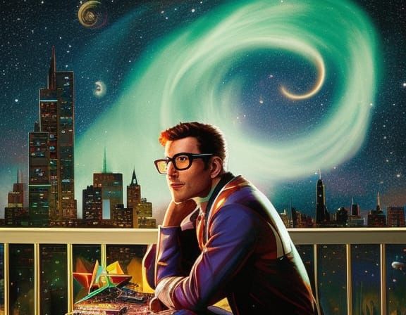 Gamer on Porch Under Starry Sky, Comic Book Art