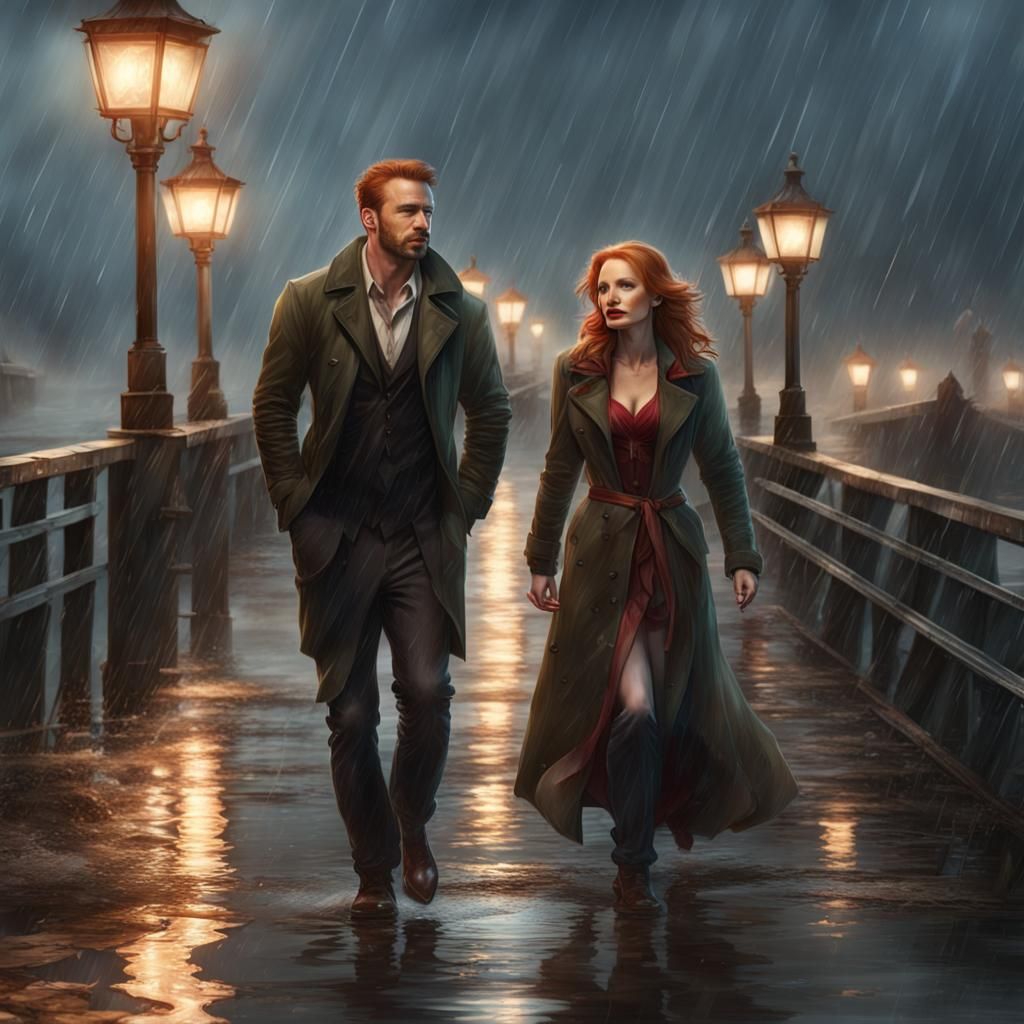 Chris Evans and Jessica Chastain Portrait in Rain