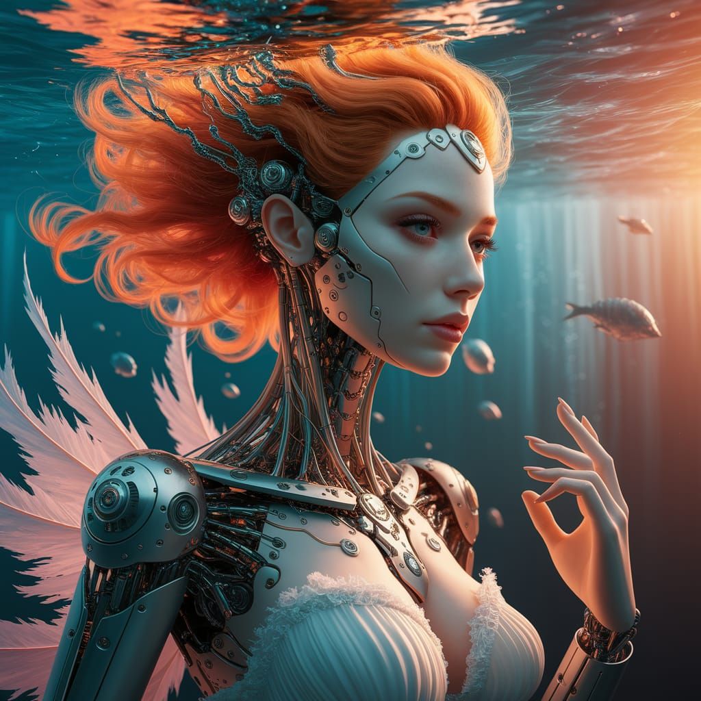 Mechanical Goddess Emerges from Underwater in Ethereal Light