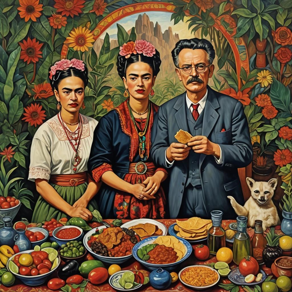 Mexican Feast with Historical Figures in Oil