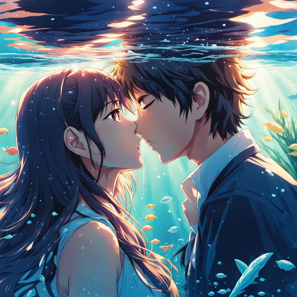 Anime Style: Couple's Underwater Kiss