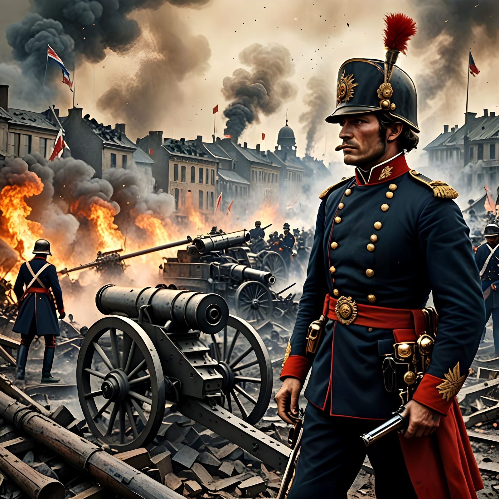 Grim Prussian Soldier in War Torn Landscape