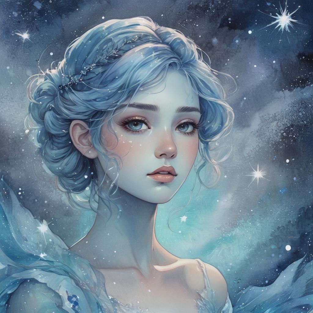 Mystifying Woman with Stardust Hair: Anime Watercolor