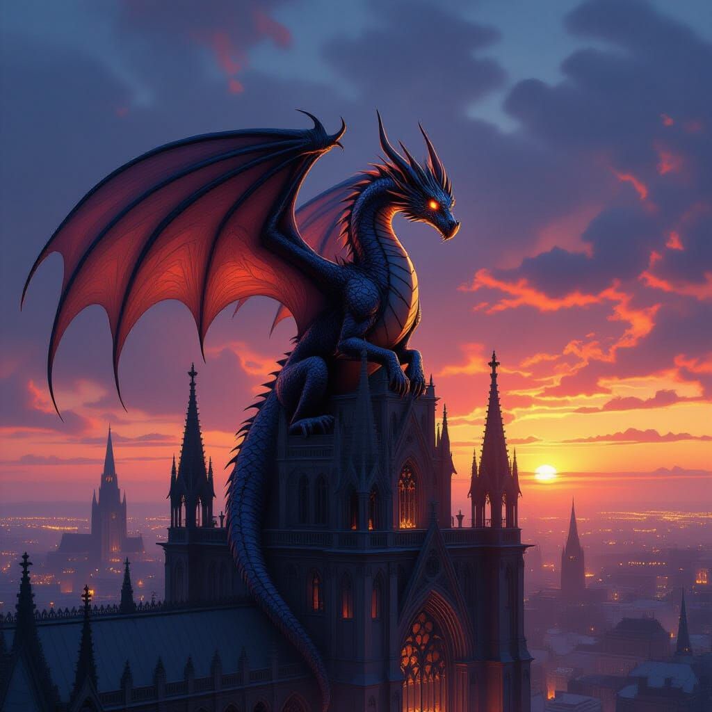Dragon on Gothic Cathedral Overlooking Cityscape at Dusk