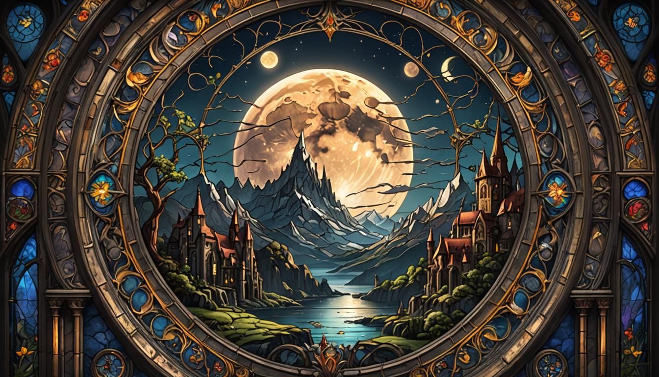 Stained Glass Full Moon in Fantasy Art Style