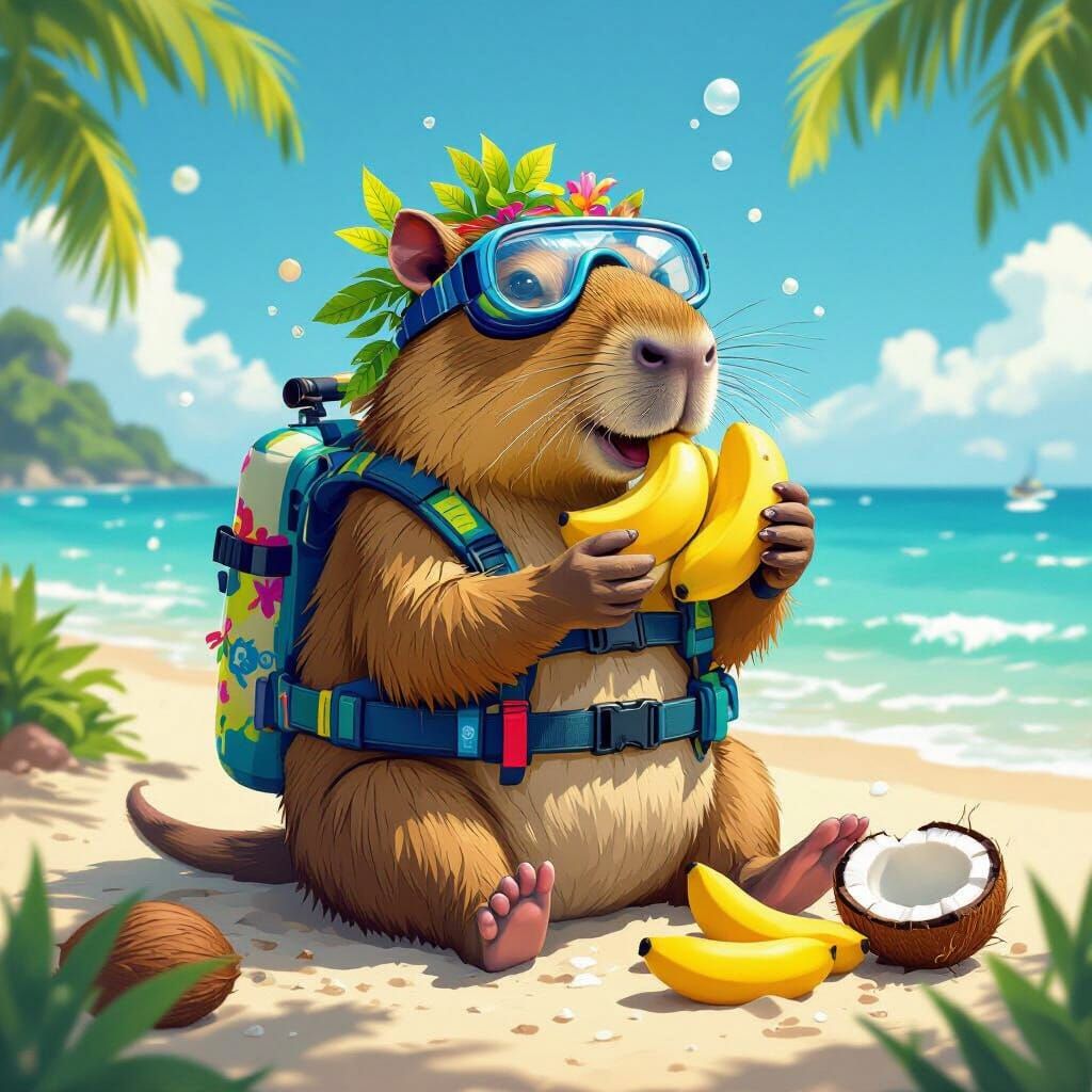 Capybara Diver's Beach Feast in Whimsical Style