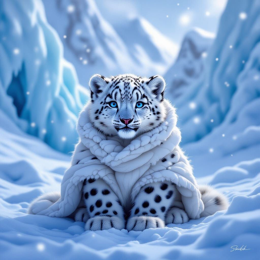 Snow Leopard Child in Arctic Landscape, Hyperrealistic Digit...