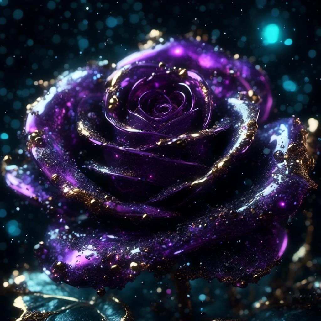 Bioluminescent Glass Rose with Galaxy Background