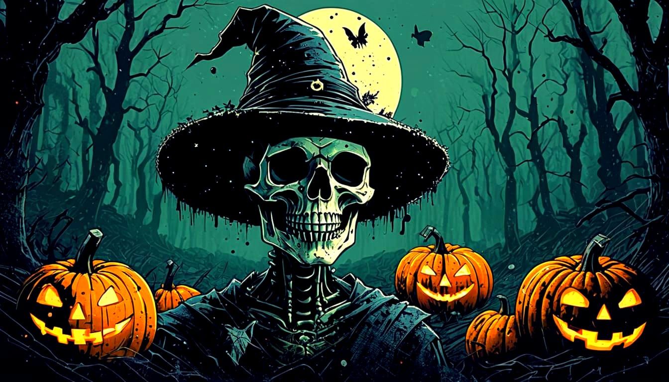 Grinning Skull in Witch Hat on Pumpkins, 1940s Comic Style