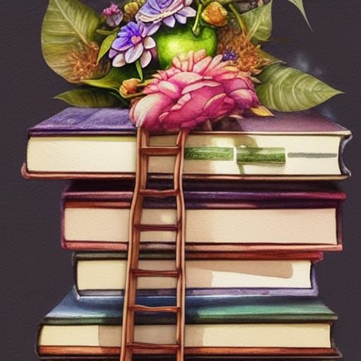 Watercolor Books, Coffee, and Flowers Illustration