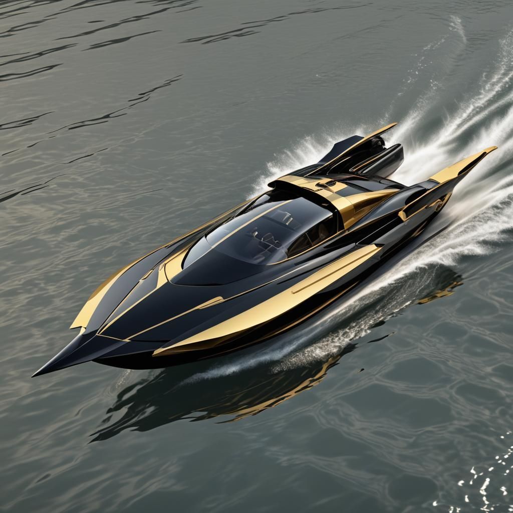 Retrofuturistic Gold Speedboat on Blue Sea