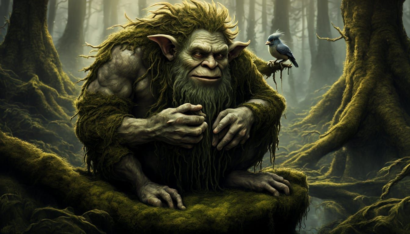 Mossy Troll with Bird in Ancient Forest, Dark Fantasy Style