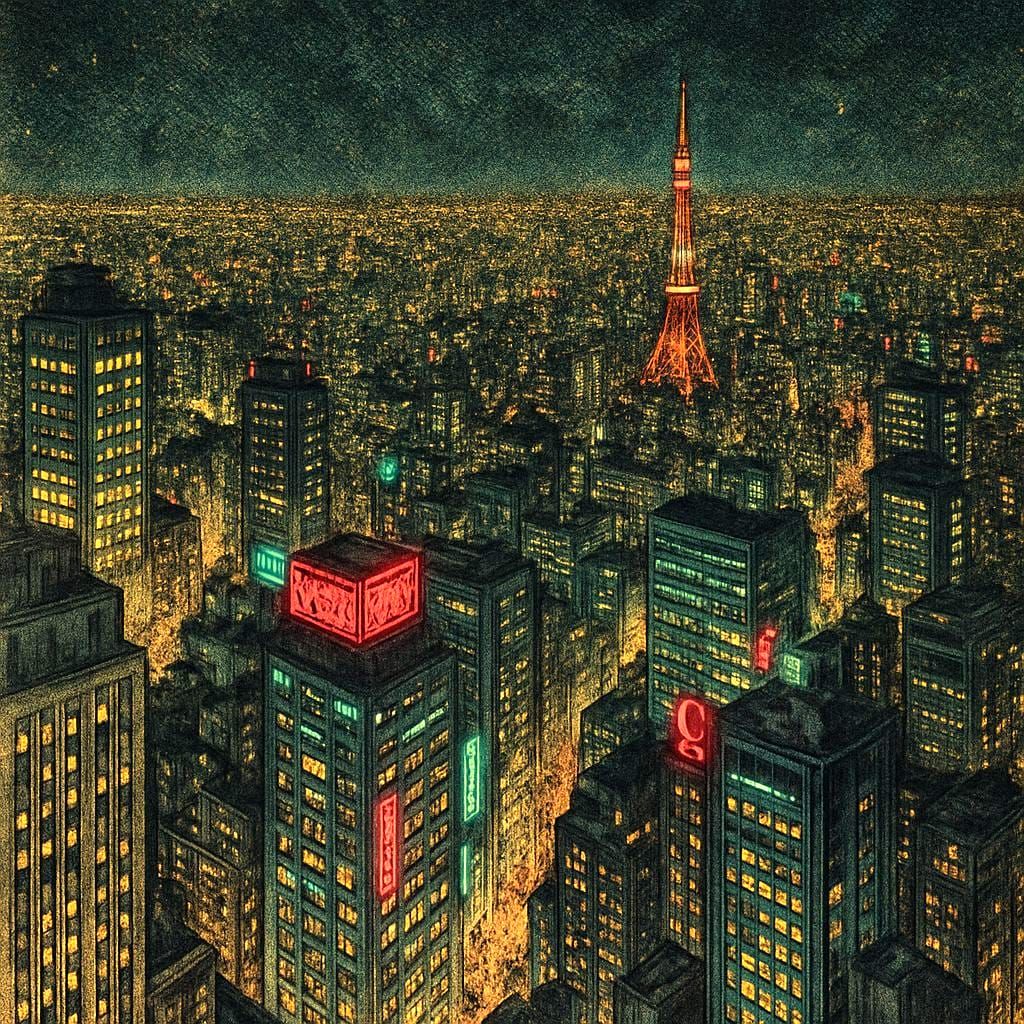 Golden Age Illustration of Tokyo at Night