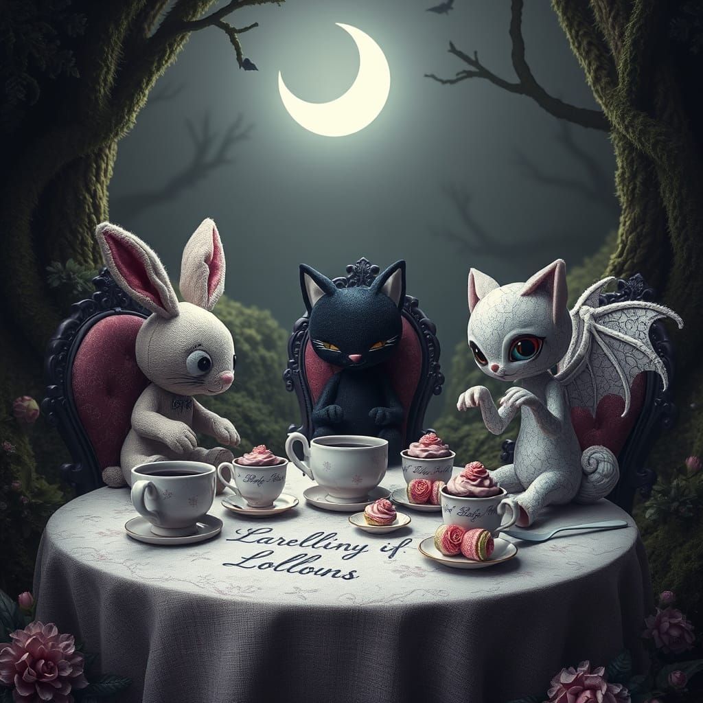 Dark-Kawaii Midnight Tea Party in Shadowy Hollow