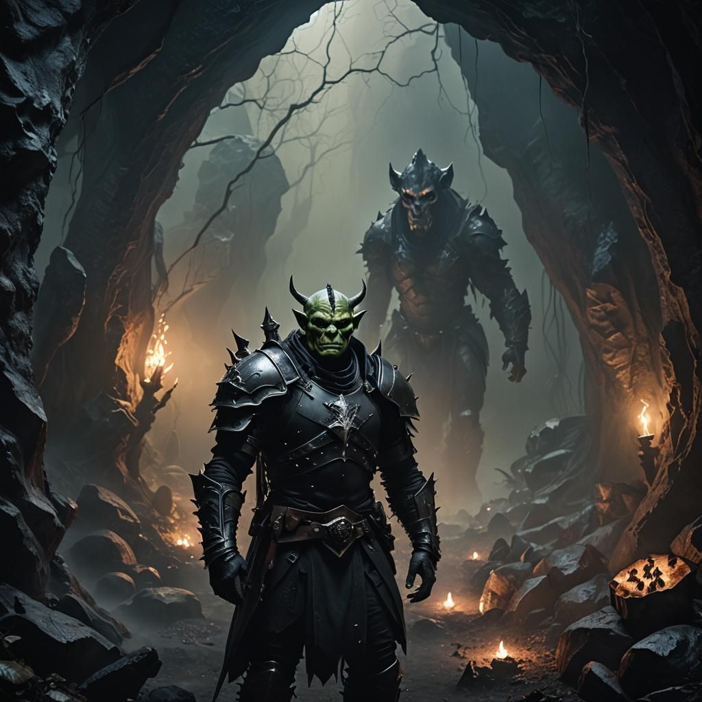 Orc and Drow Hybrid in a Misty Cavern