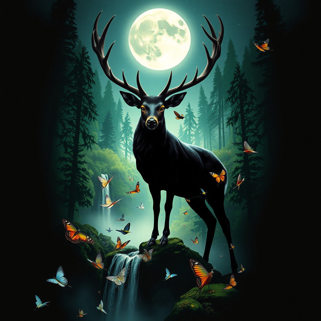 Mystical Deer Silhouette with Emerald Forest Landscape