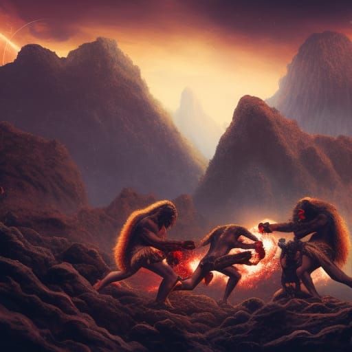 Brutal Neanderthal Cave Fight: Primal Fantasy Art