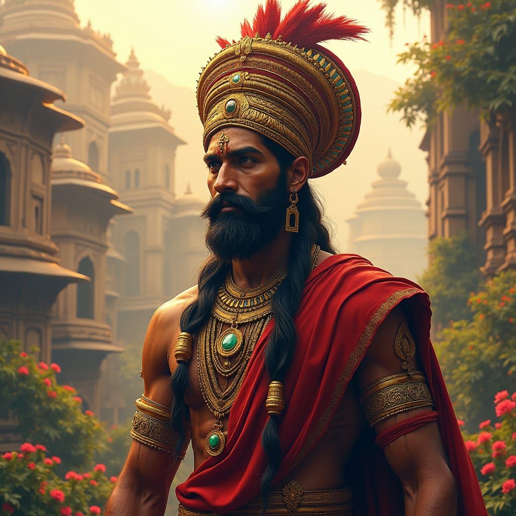 Majestic Indian Man in Mythological Cityscape