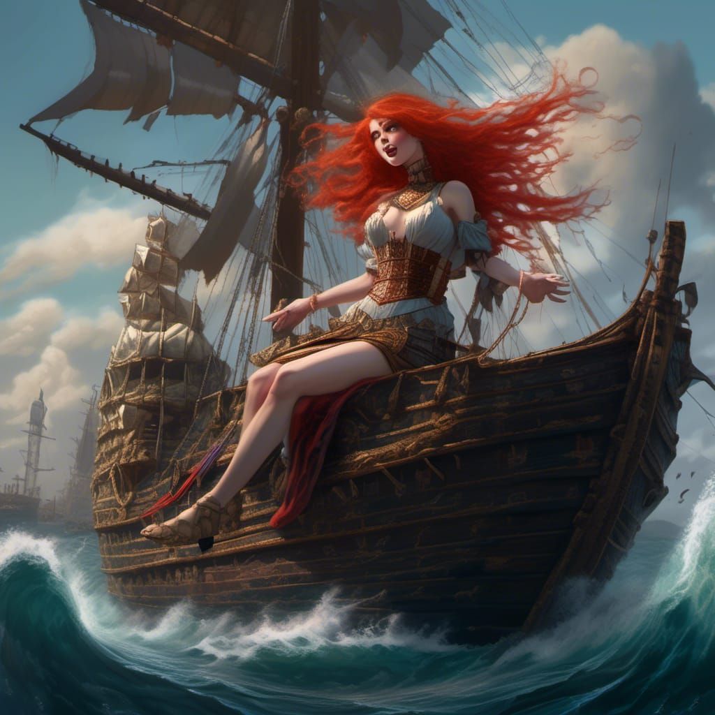 Ship Sails into Giantess Mouth: Detailed Fantasy Art