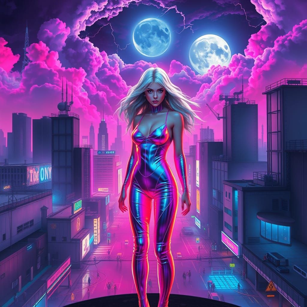 Sleek Neon Goddess Dominates Hyper-Realistic Cityscape