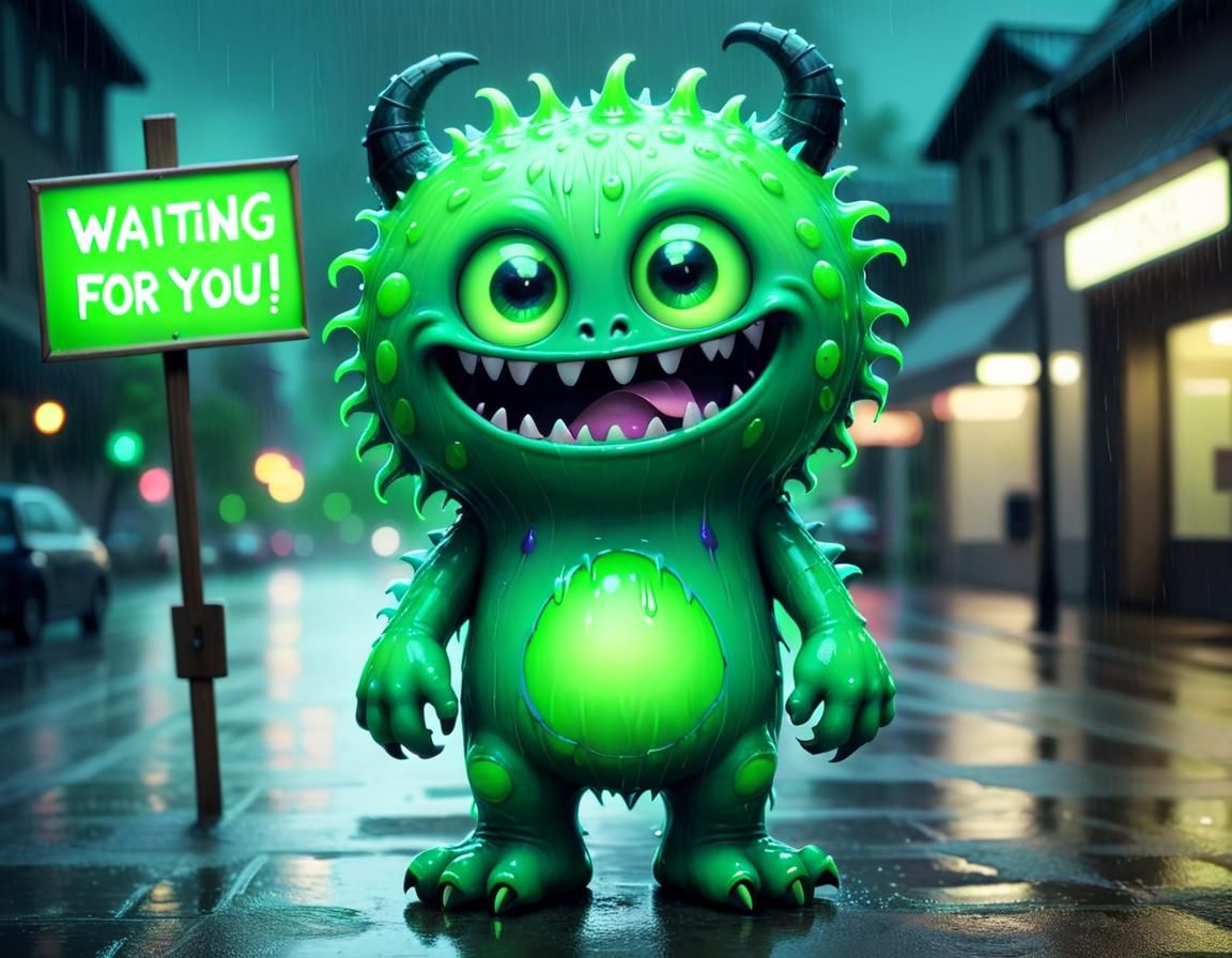 Cute Neon Monster Waiting in the Rain